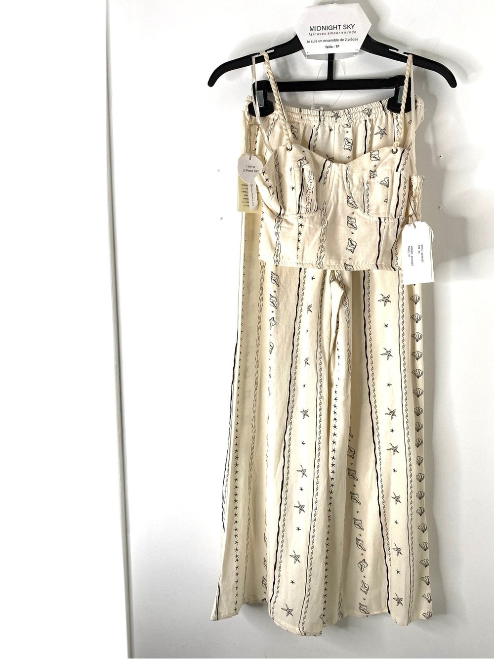 Midnight Sky Linen Blend Two Piece Set Beige Black Shell Print Wide Leg NWT
